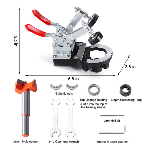 Adoles hinge jig side view showing adjustable clamps for accurate mounting