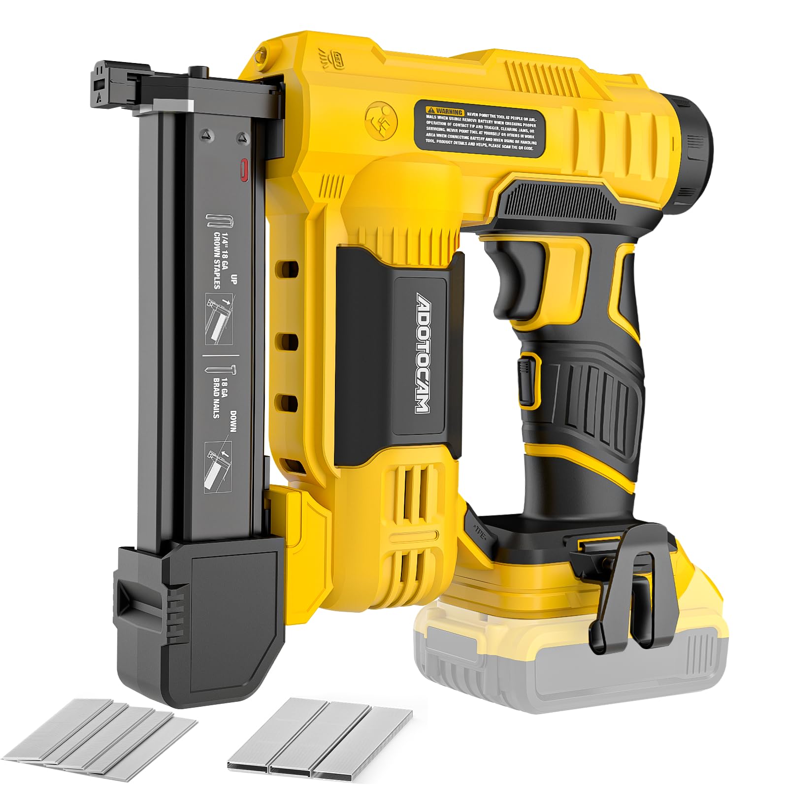 ADOTOCAM 18GA cordless brad nailer with DeWalt 20V compatibility for flexible power options.