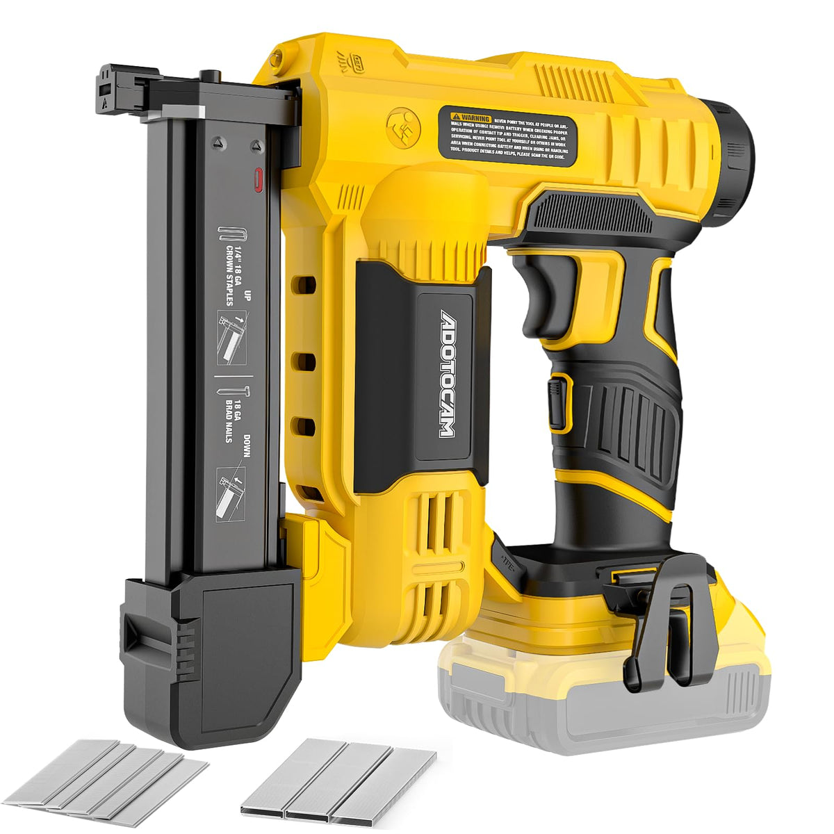 ADOTOCAM 18GA cordless brad nailer with DeWalt 20V compatibility for flexible power options.