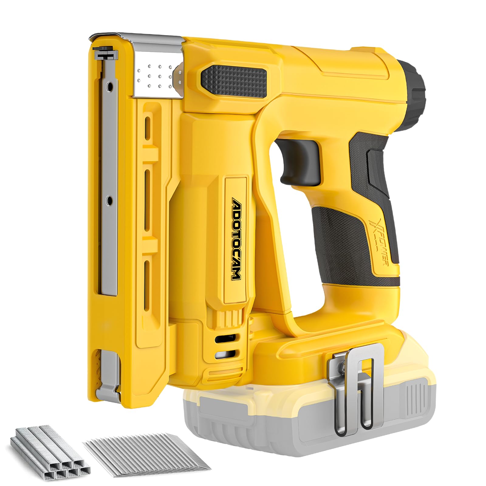 ADOTOCAM 18GA nail gun with Dewalt 20V battery compatibility for flexible power.