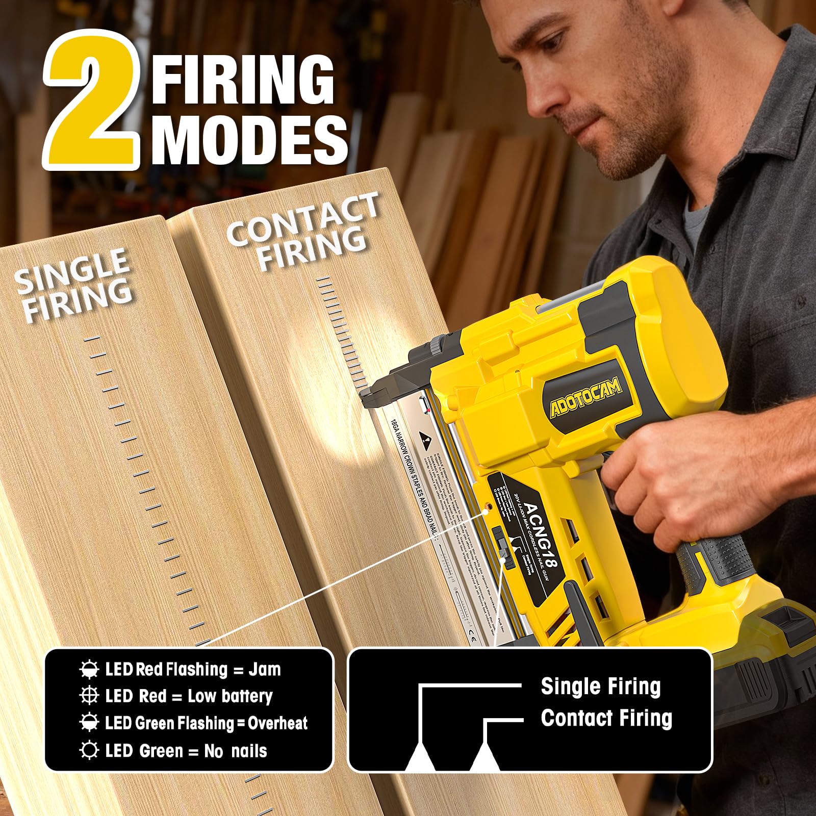 ADOTOCAM 18GA nailer with adjustable depth for precise placement in various woods.