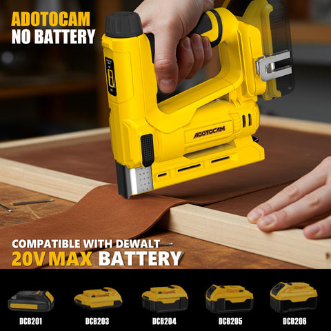 ADOTOCAM cordless brad nailer and stapler shown with visible magazine for easy loading.