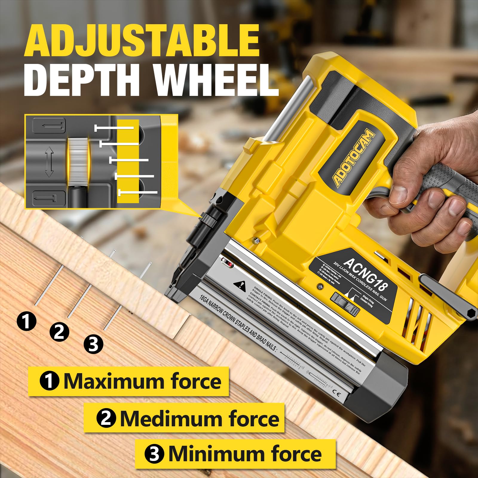 ADOTOCAM cordless nailer with LED light for better visibility in tight spaces.