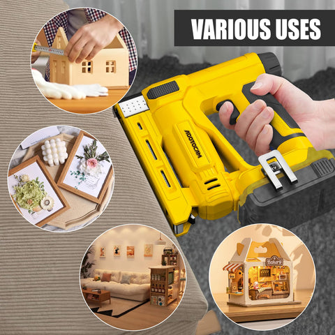 ADOTOCAM 18GA nail gun supports crown staples and brads for versatility.