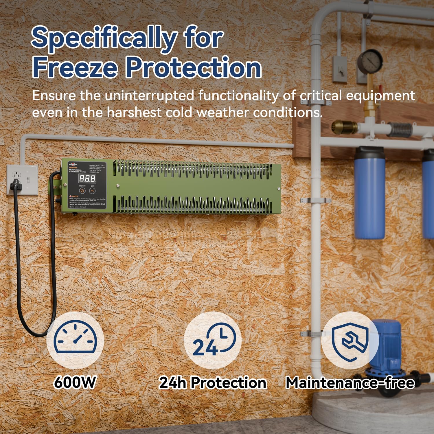 AEGONAN HPA600 thermostat display enables easy temperature control.