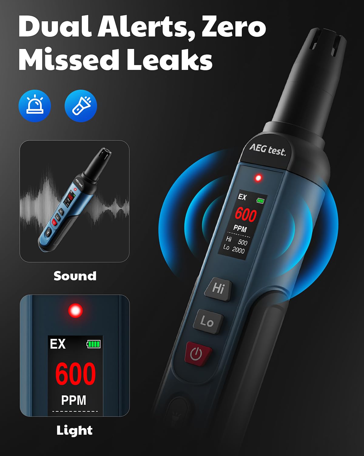 AEGTEST AGT-1988 flashlight and alarm indicators aid detection in dim areas.