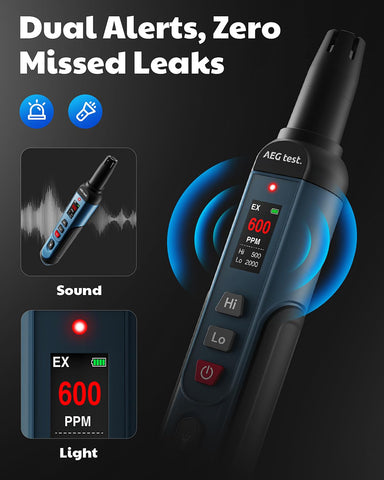 AEGTEST AGT-1988 flashlight and alarm indicators aid detection in dim areas.
