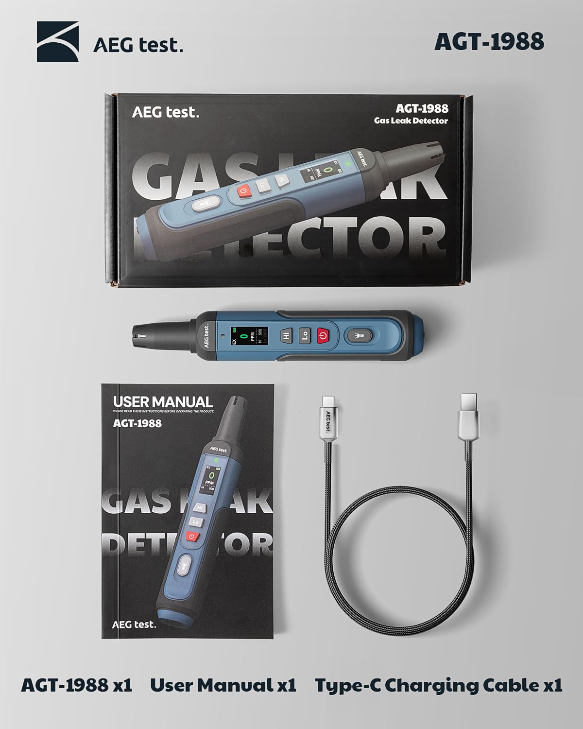 AEGTEST AGT-1988 package includes detector, USB-C cable, and manual.