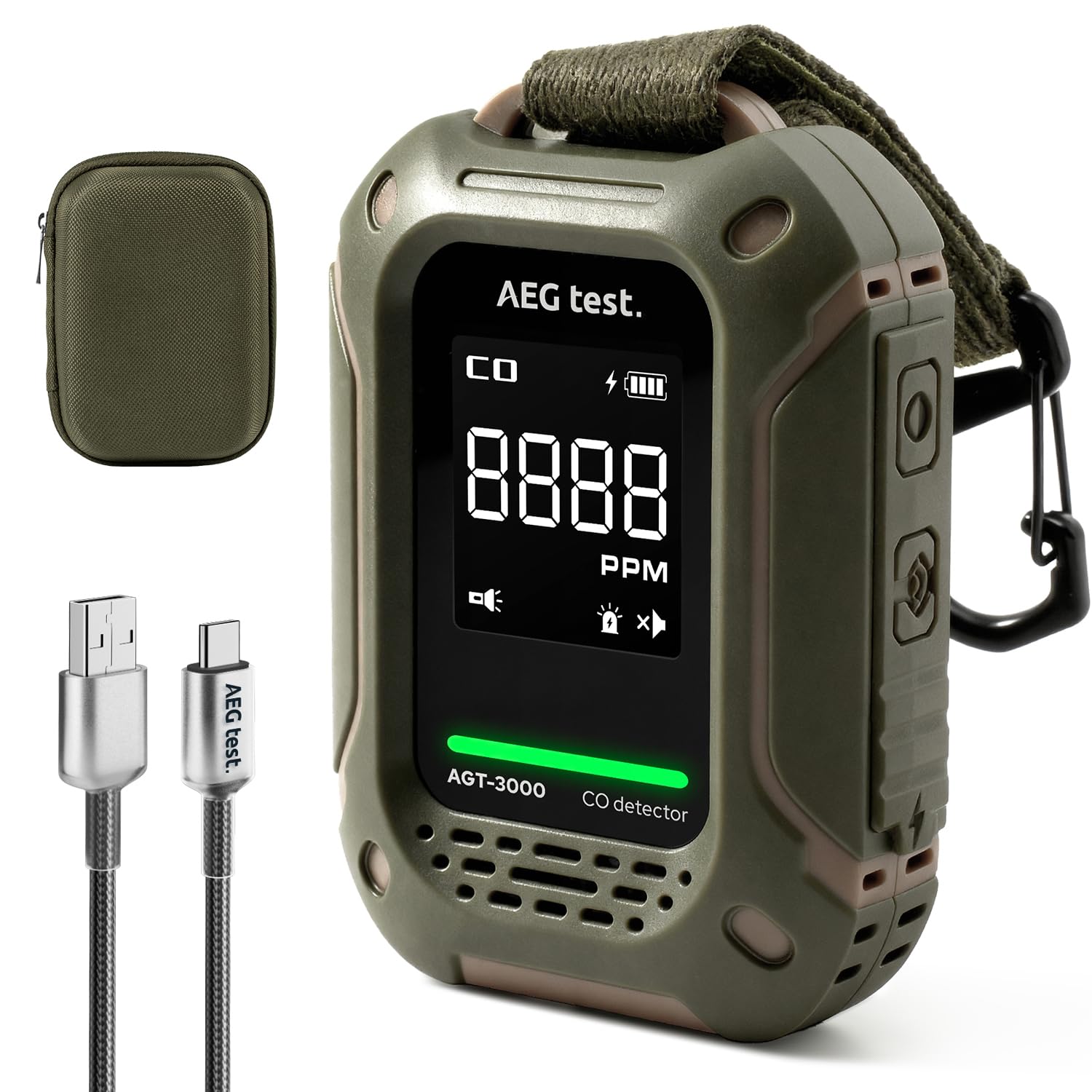 AEGTEST AGT-3000 front view compact CO detector for travel and home safety
