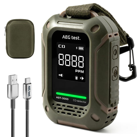 AEGTEST AGT-3000 front view compact CO detector for travel and home safety