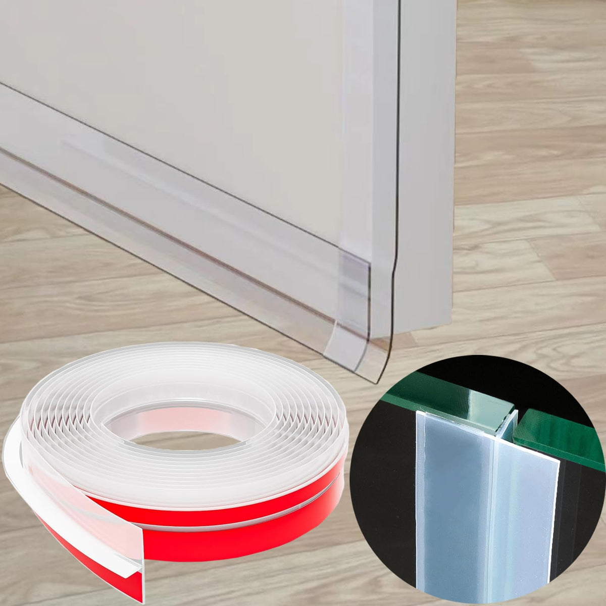 AEIOUD upgrade T-shaped door draft stopper close-up showing clear silicone seal for wind protection.