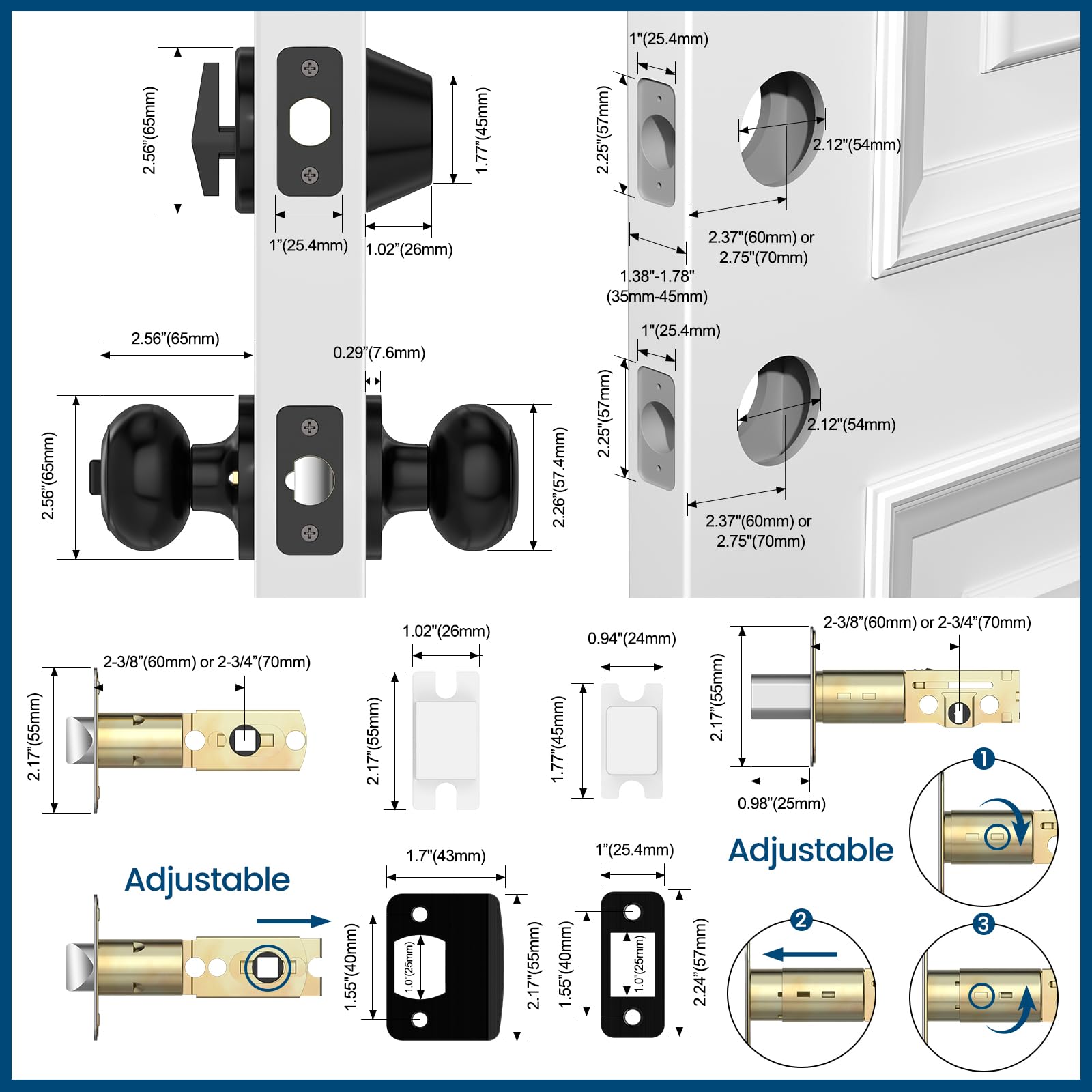 AEEKEL adjustable latch fits 2-3/8 to 2-3/4 inch doors.