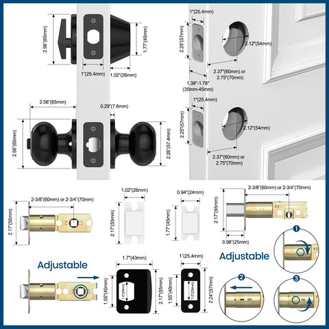 AEEKEL adjustable latch fits 2-3/8 to 2-3/4 inch doors.