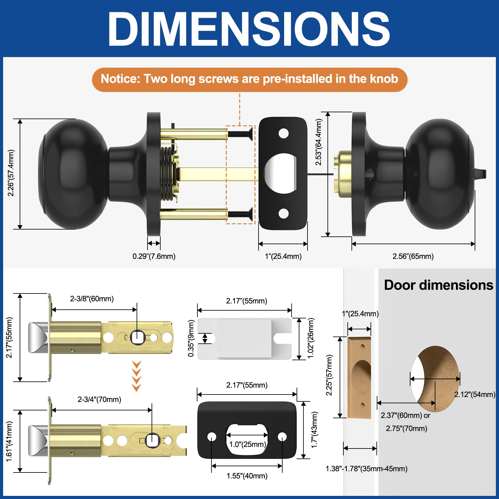 AEEKEL adjustable latch fits doors 1.38 to 1.78 inches thick.