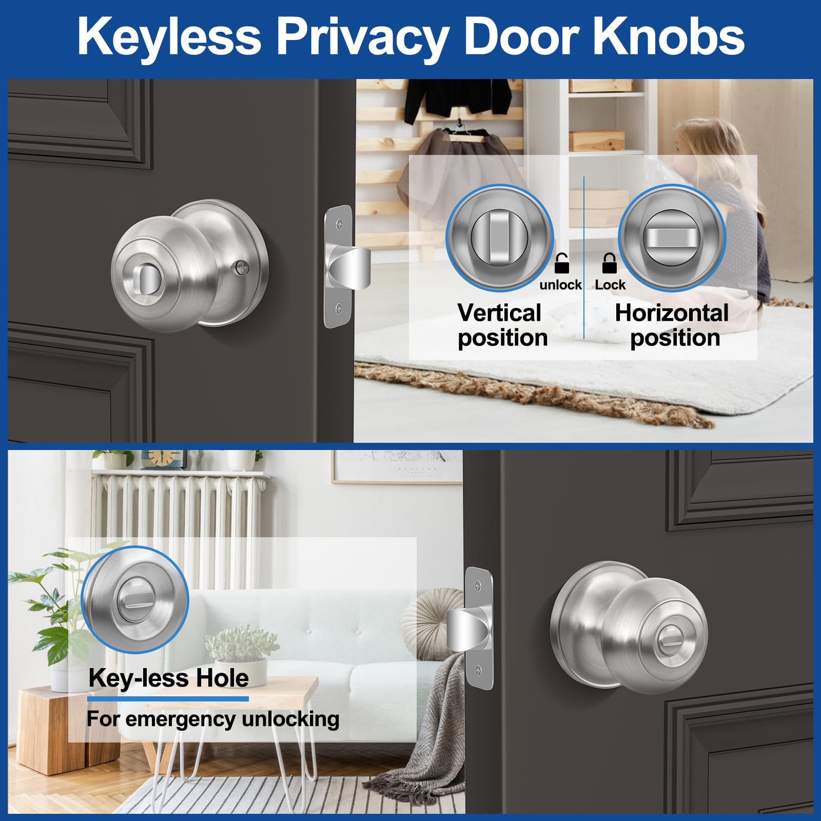 AEEKEL brushed nickel knob with interior privacy button for discreet locking
