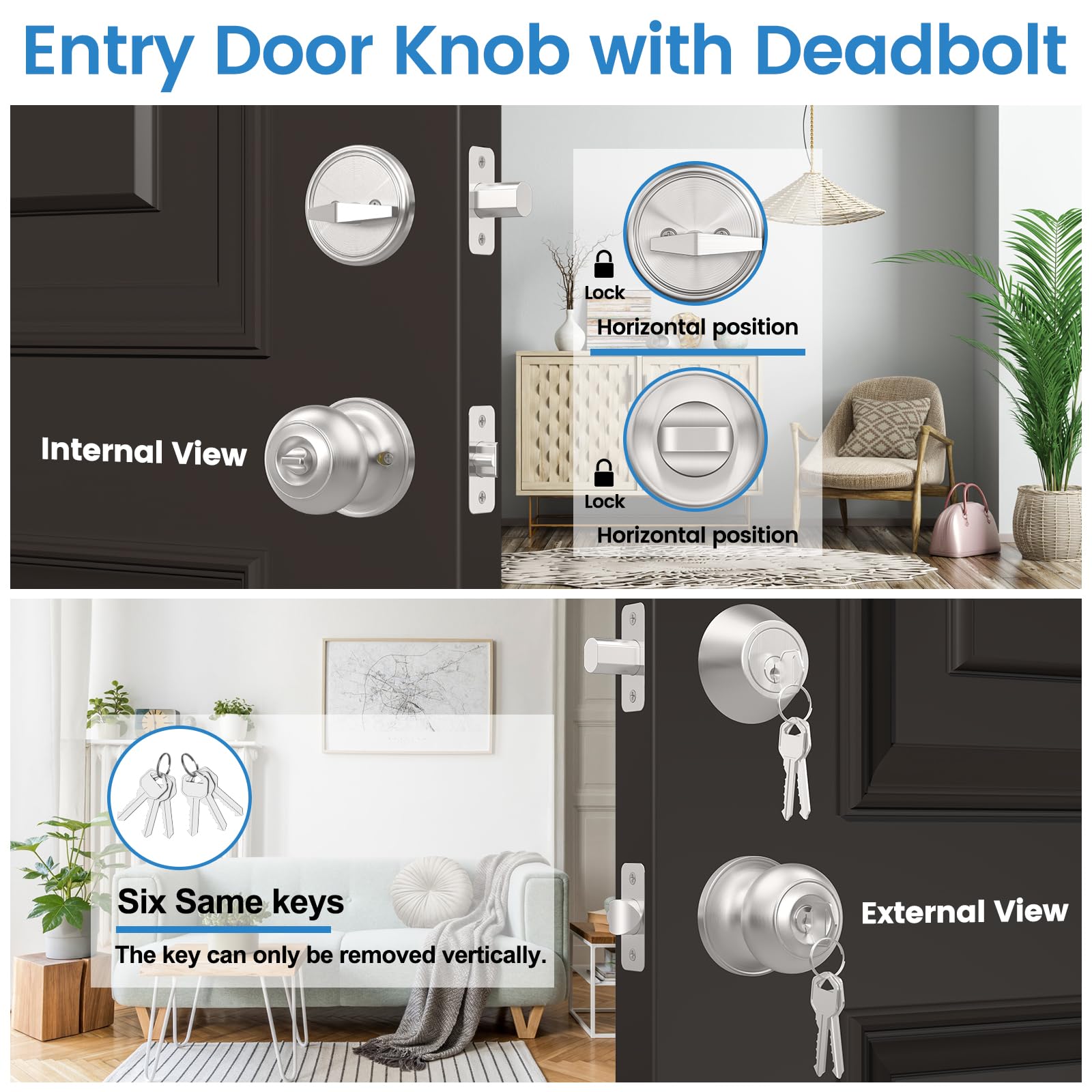 Front door lock and deadbolt set in brushed nickel from AEEKEL