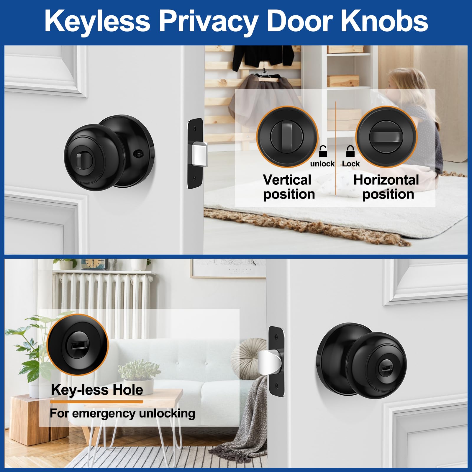 AEEKEL interior privacy button door knob for bathrooms, enabling private use.