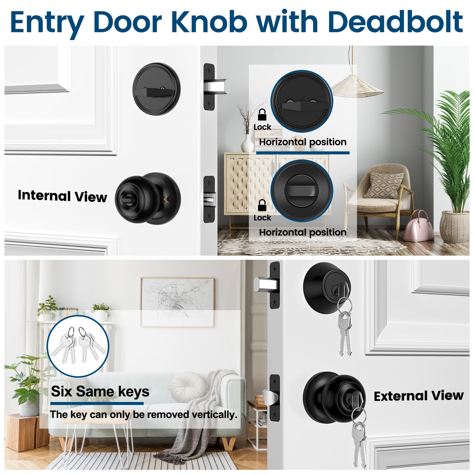 AEEKEL matte black front door lock set with round ball design for modern homes.