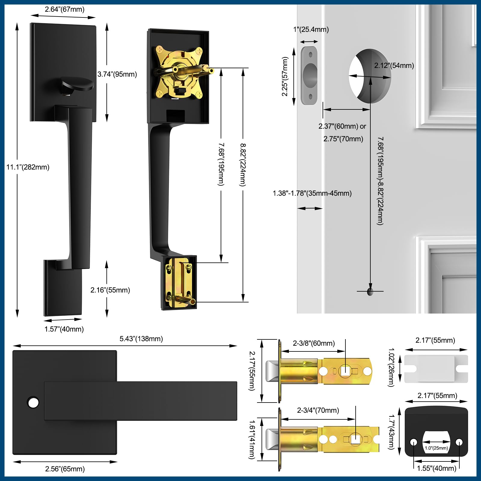 AEEKEL front and interior handles included with mounting hardware.