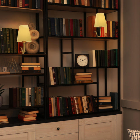 AELS bookend lamp on a shelf creates ambient light for study.