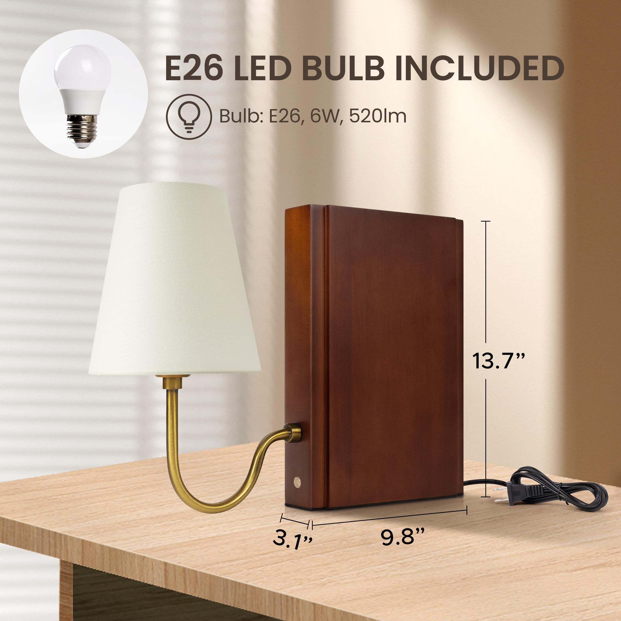 AELS solid wood base and linen shade create timeless charm on any shelf.