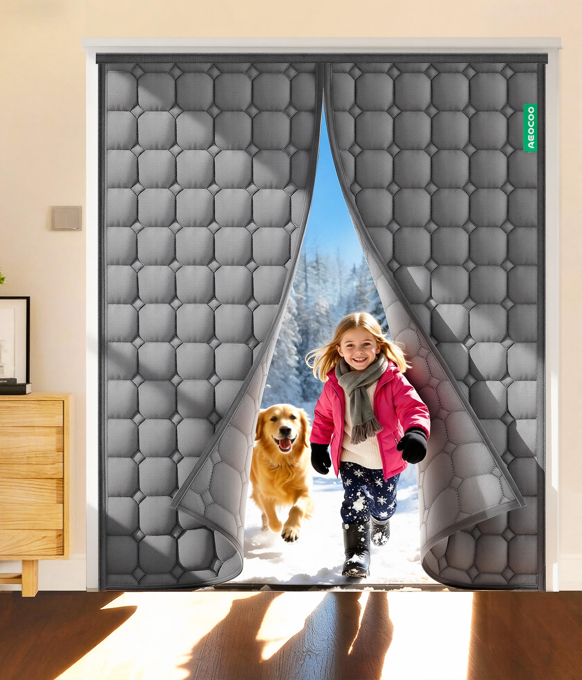 AEOCOO thicken wide thermal door curtain fits up to 72 x 80 inches, angle view.