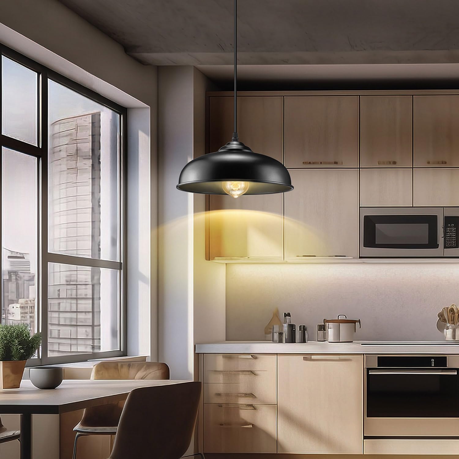 AEOREAL pendant light installed in dining room and bar area setup.