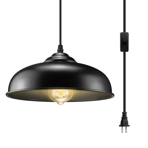 AEOREAL plug-in pendant light in black farmhouse style over a kitchen island.