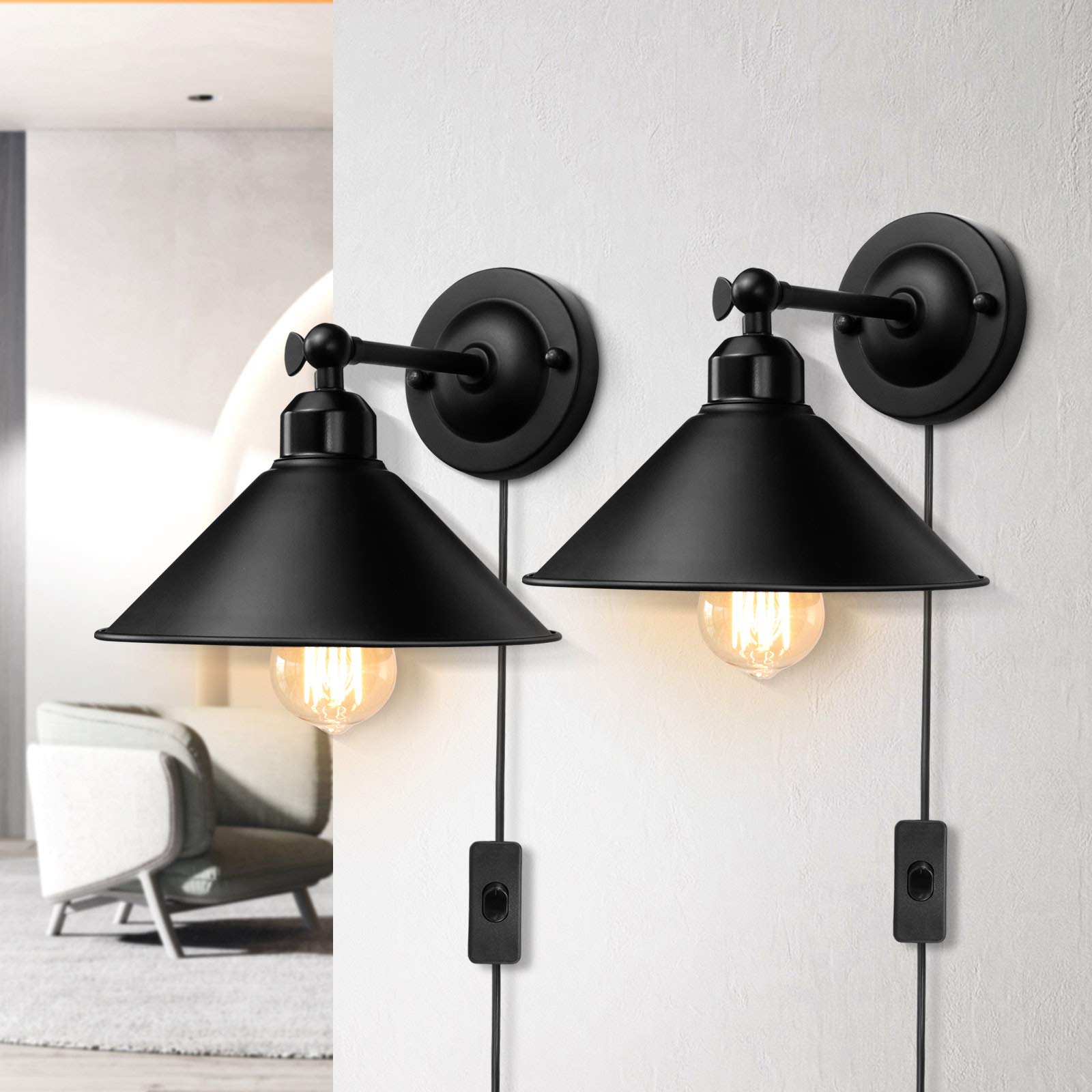 AEOREAL plug-in wall sconce in black with antique swing arm, ideal for warm bedroom ambiance