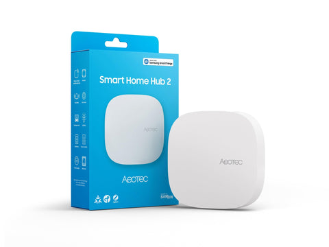 Aeotec Smart Home Hub 2 front view showcasing compact design for seamless SmartThings setup.