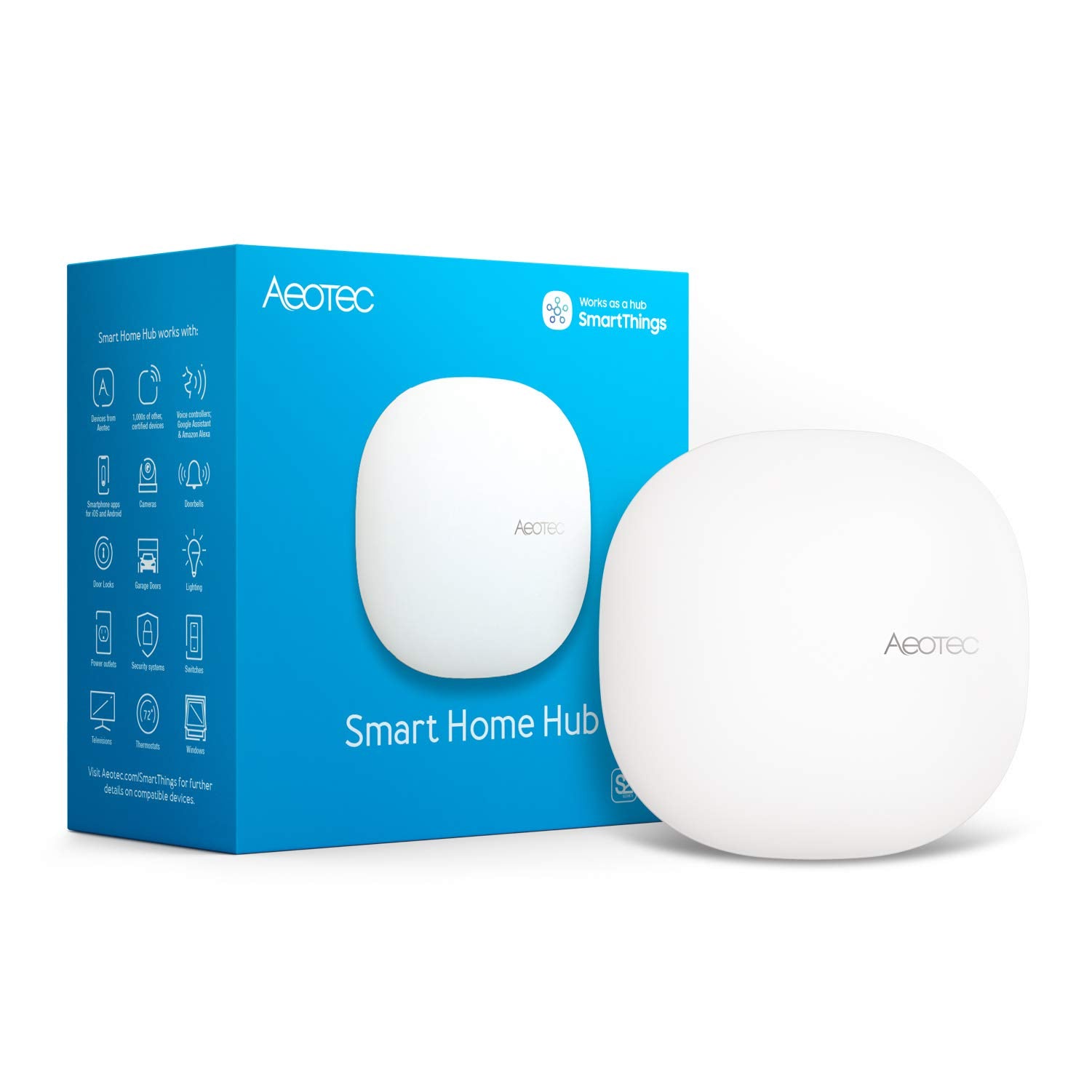 Aeotec Smart Home Hub front view with compact design for clutter-free setup.