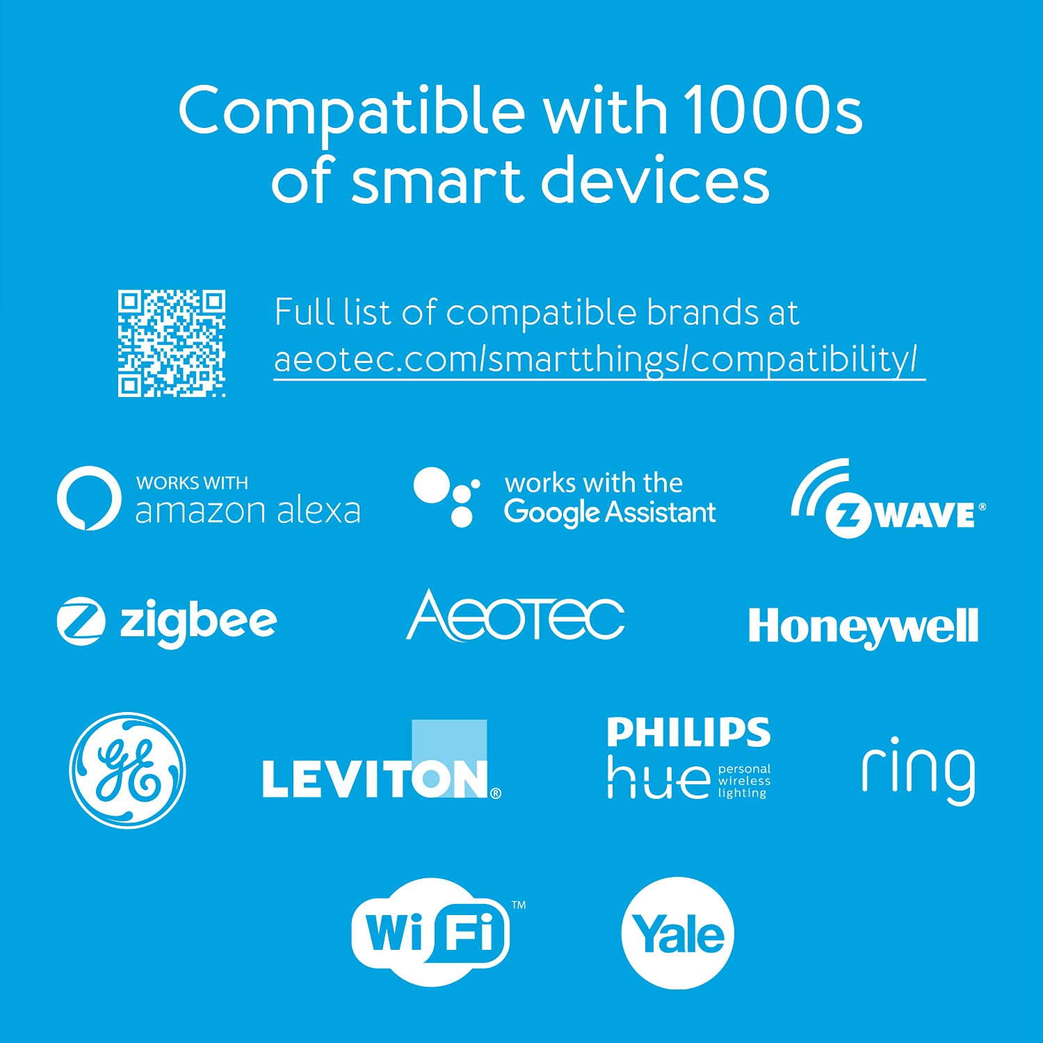 Aeotec Smart Home Hub compatible with Alexa and Google Assistant for voice control.