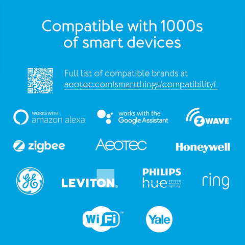Aeotec Smart Home Hub compatible with Alexa and Google Assistant for voice control.