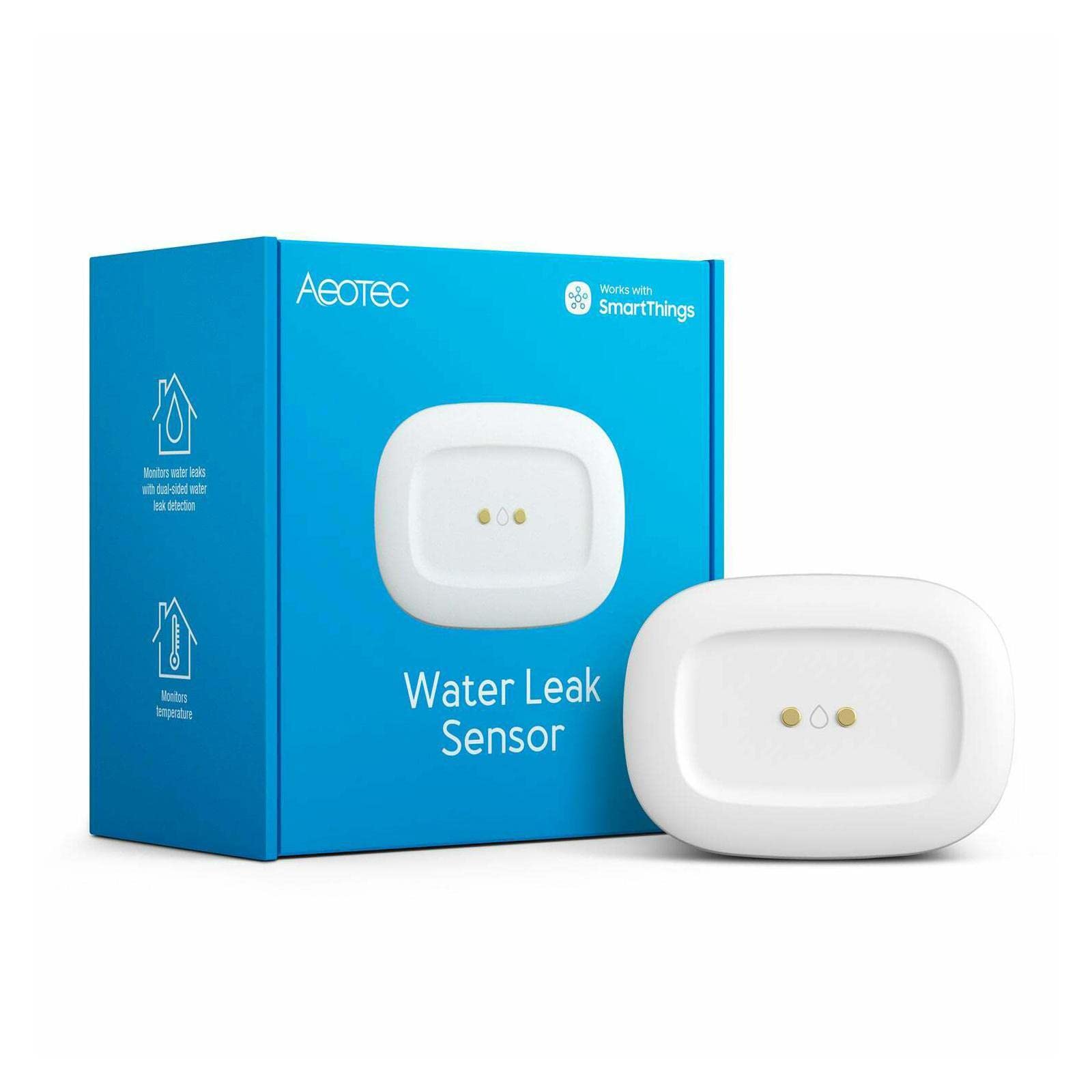 Aeotec leak sensor near plumbing shows temperature monitoring in action.