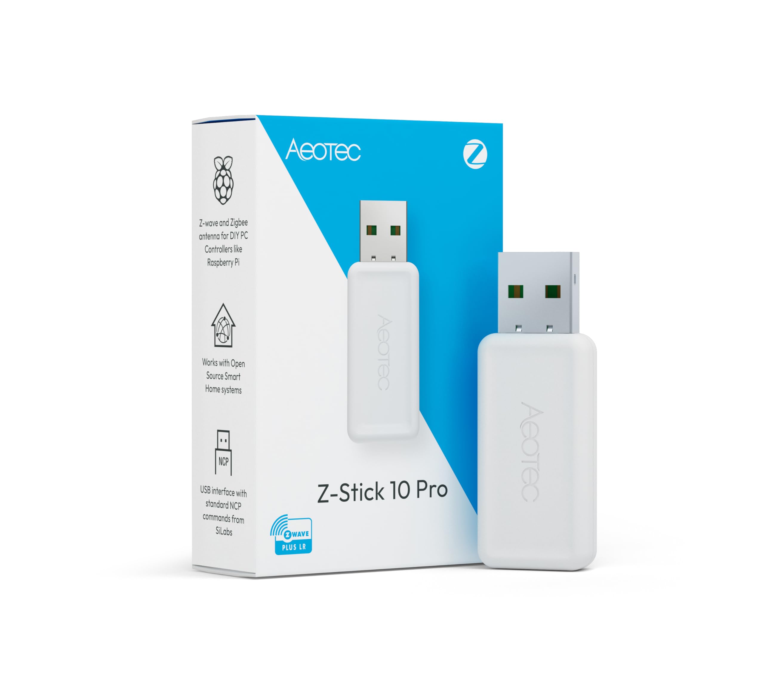 AEOTEC Z-Stick 10 Pro front view, compact gateway enabling local Zigbee and Z-Wave control