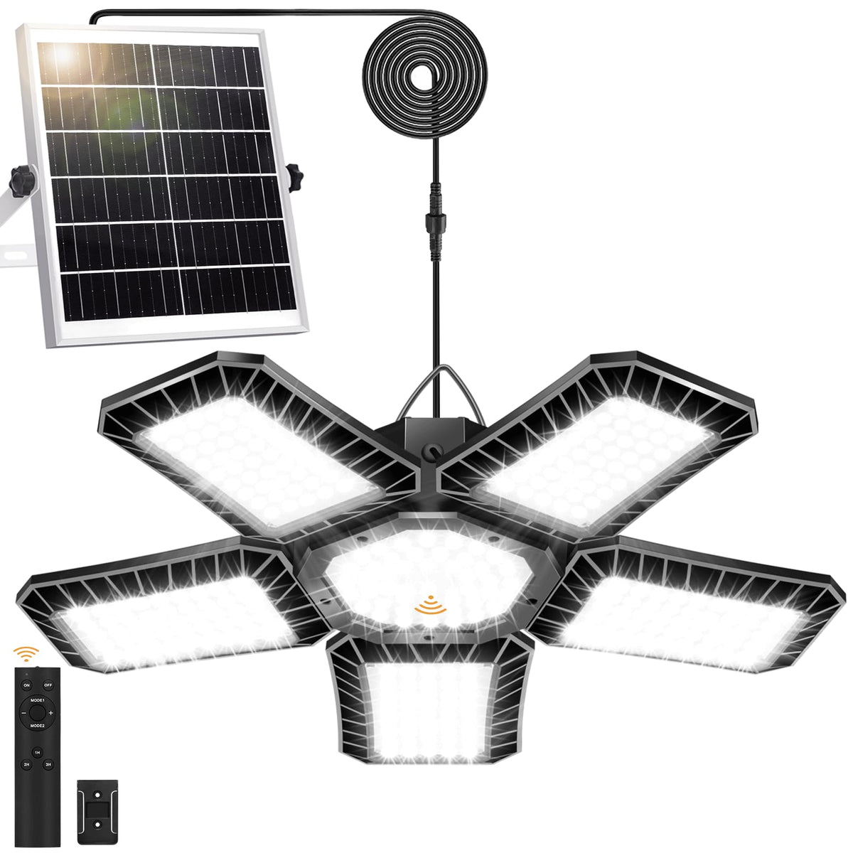 AEQ Solar Shed Light with 267 LED panels for wide-area illumination in sheds
