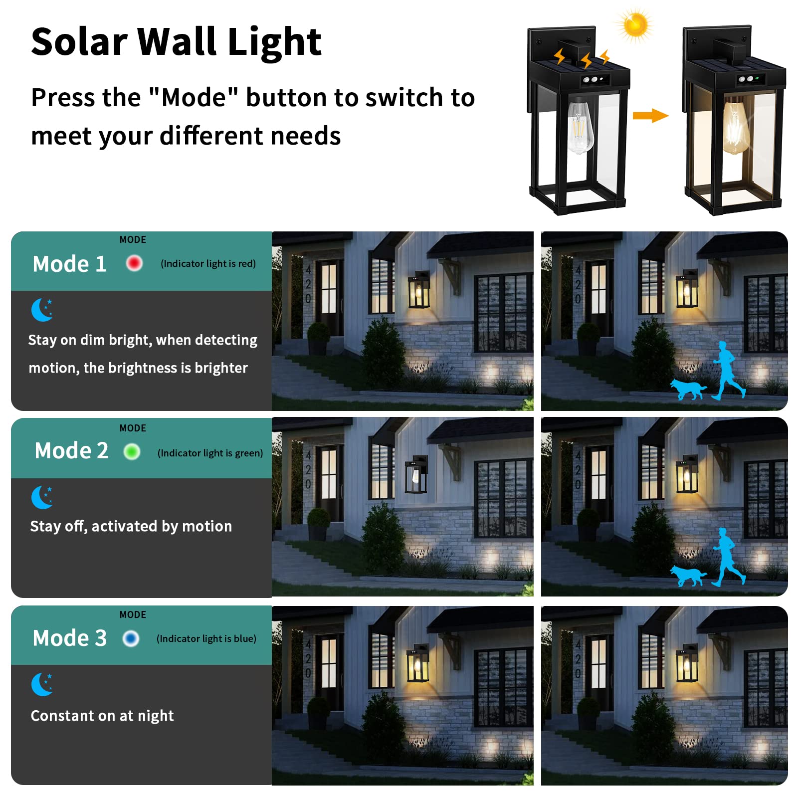 AEQ solar wall light offering three modes for flexible outdoor ambiance.