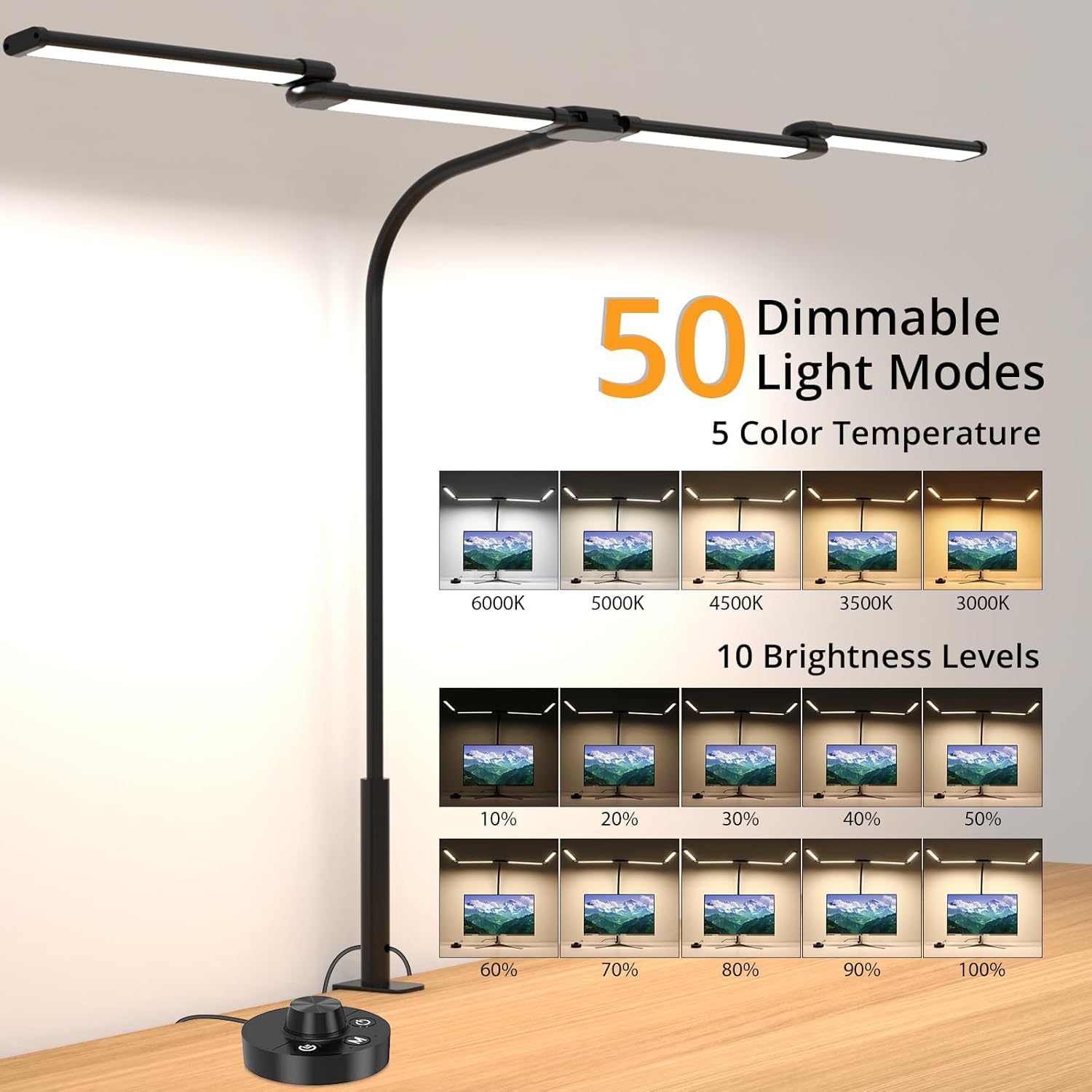 Aeropak desk lamp 61-inch coverage for large desks and multi-monitor tasks.