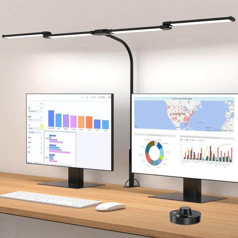 Aeropak desk lamp four-heads extended, delivering wide coverage for multi-monitor setups.