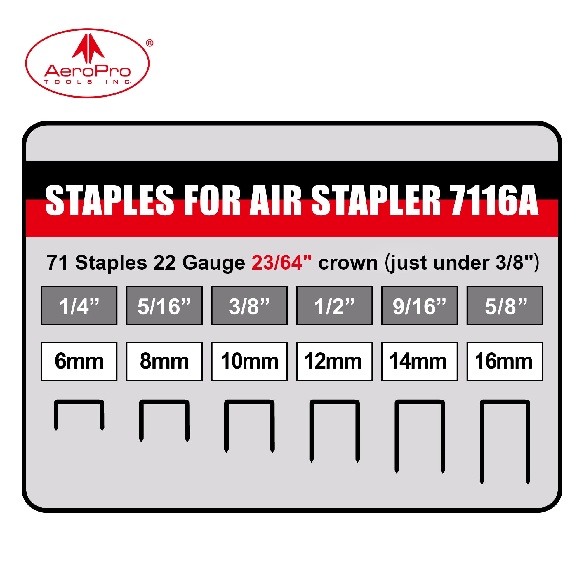 AEROPRO 7116A compatible with 22-gauge staples for upholstery and light woodworking.