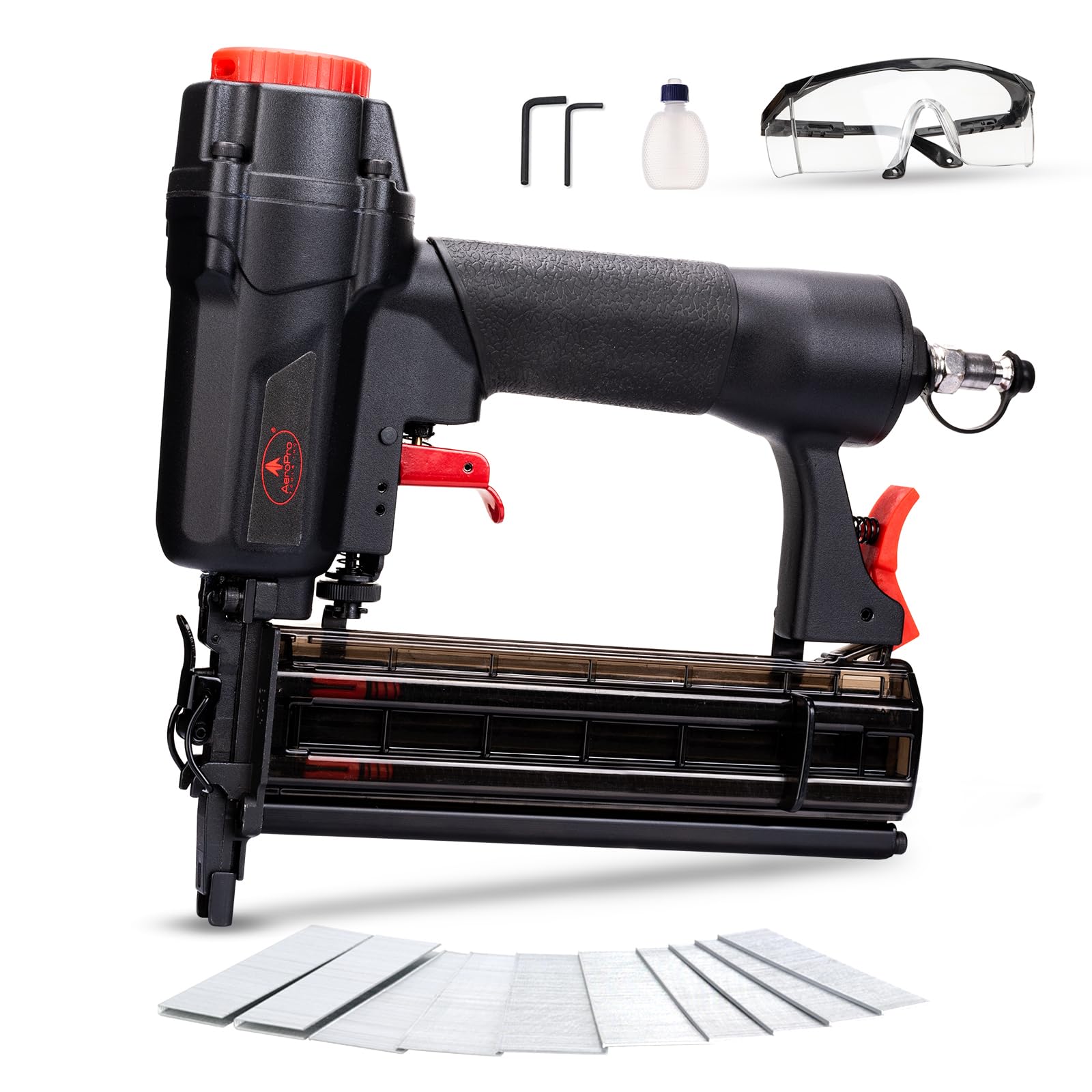 AEROPRO pneumatic brad nailer front view, lightweight for precise upholstery tasks.