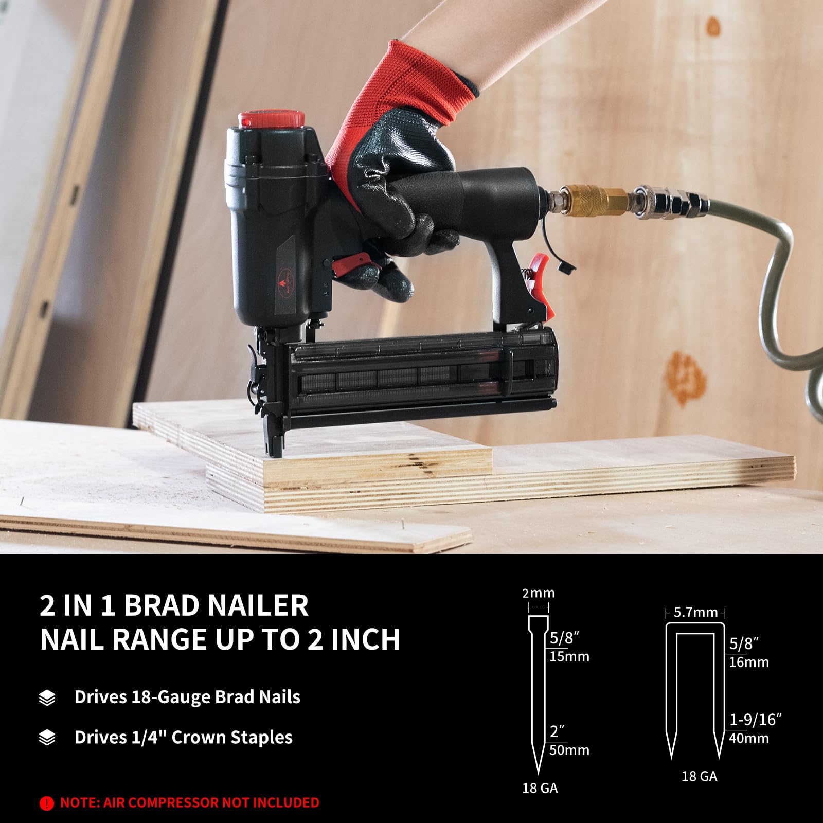 AEROPRO pneumatic brad nailer side view, comfortable grip for extended DIY sessions.