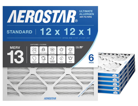 Aerostar MERV 13 pleated air filter six-pack front view for cleaner indoor air.