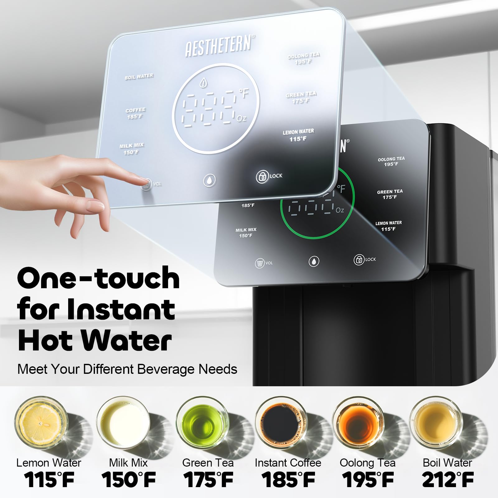 Aesthetern rapid heating button close-up for instant tea or coffee.