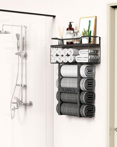Aetyord rolled towels display on the shelf for spa-inspired vibes