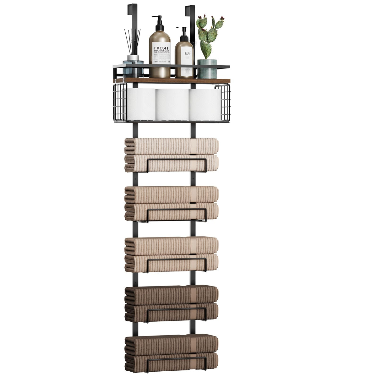 Aetyord seven-tier over-the-door towel rack with vertical storage for compact baths.
