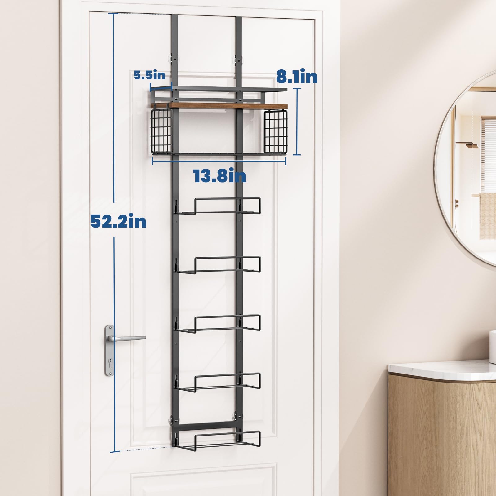 Aetyord towel rack with basket and metal shelf in black brown plank finish.
