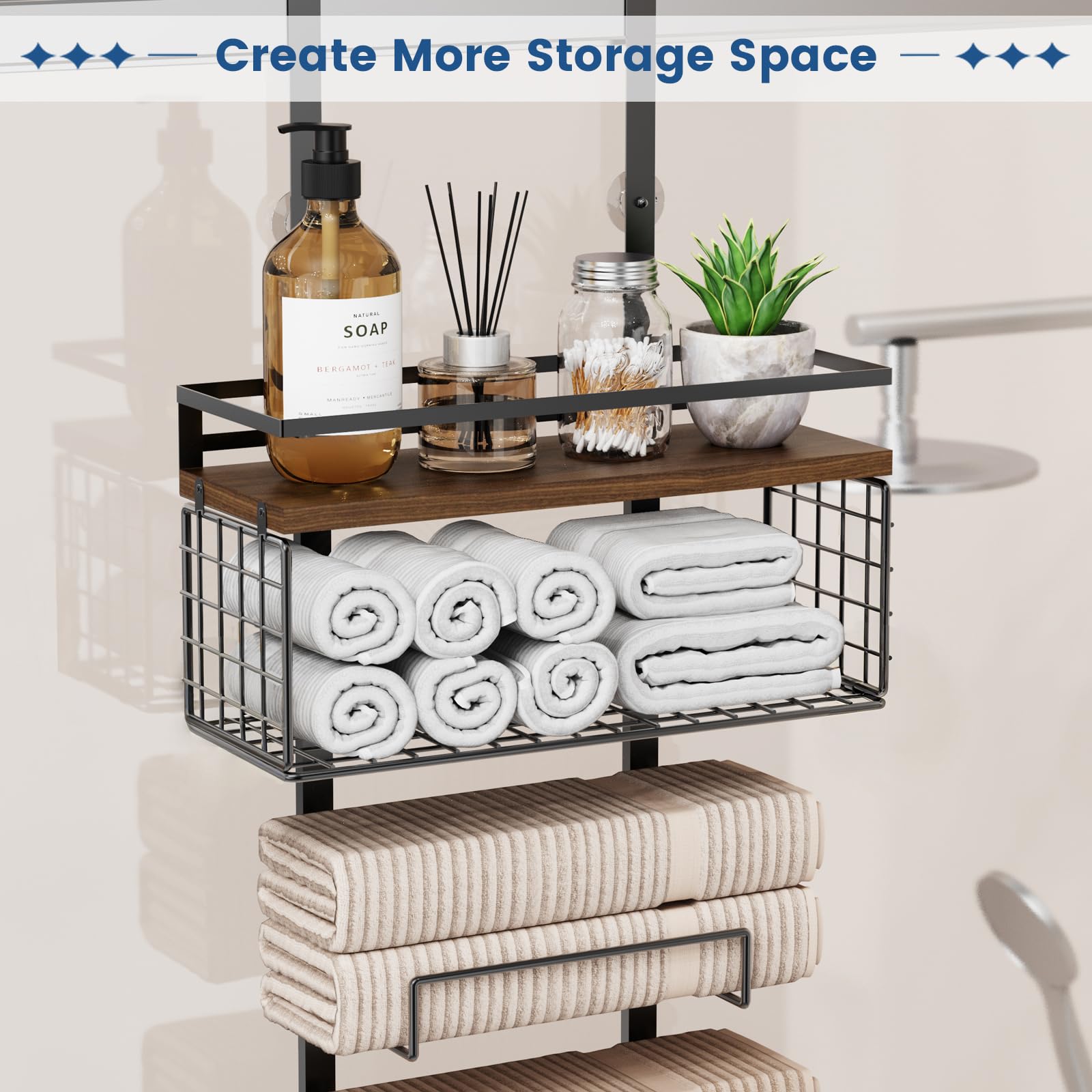 Aetyord seven-tier organizer offering two towels per layer and top basket.