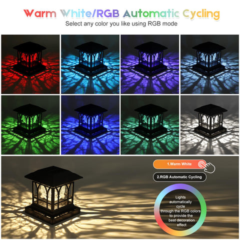 AEYANZZ solar post cap in warm white mode for steady outdoor lighting.