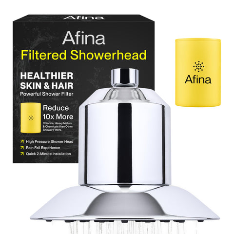 Afina Filtered Shower Head chrome with KDF-55 filtration for smoother skin and hair.